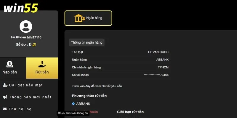 Hội viên cung cấp thông tin rút tiền đầy đủ và chính xác 