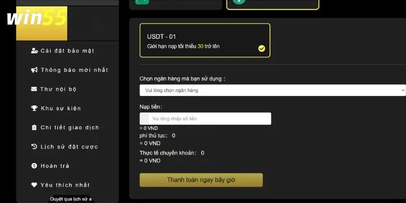 Nạp tiền WIN55 bằng USDT chỉ với vài bước đơn giản