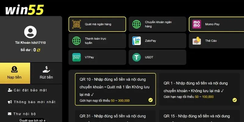 Người chơi chọn cách thức nạp tiền WIN55 phù hợp nhất